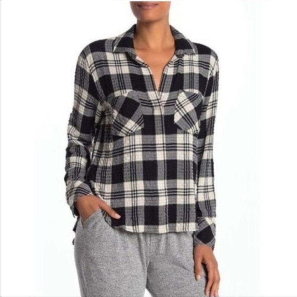 Anthropologie Cloth & Stone Navy White Plaid Button Down Shirt Size Large